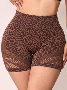 SHEIN Rhythm Era Women's Plus Size Seamless Coffee Brown Leopard Print Mesh Sports Shorts - Multicolor - View 3