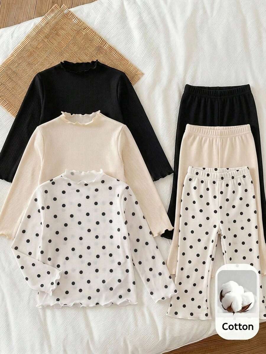 SHEIN طقم تي شيرت كاجوال للبنات الصغيرات بياقة دائرية وأكمام طويلة مع حافة مكشكشة - متعدد الألوان - مشاهدة 1
