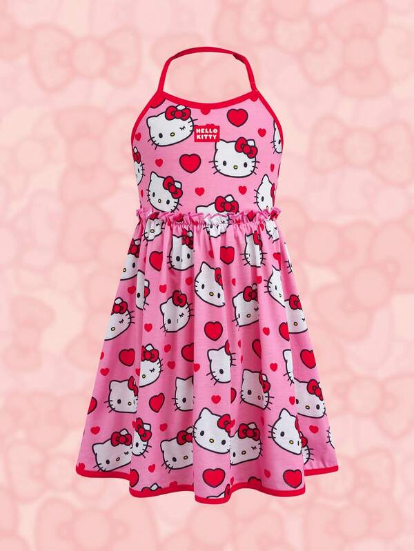 HELLO KITTY AND FRIENDS | SHEIN 1pc Cute Cartoon Print Halter Neck Young Girl Dress