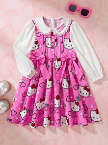 HELLO KITTY AND FRIENDS | SHEIN Gaun Lengan Panjang Kerah Peter Pan Motif Kartun untuk Anak Perempuan - Berwarna merah muda - View 1