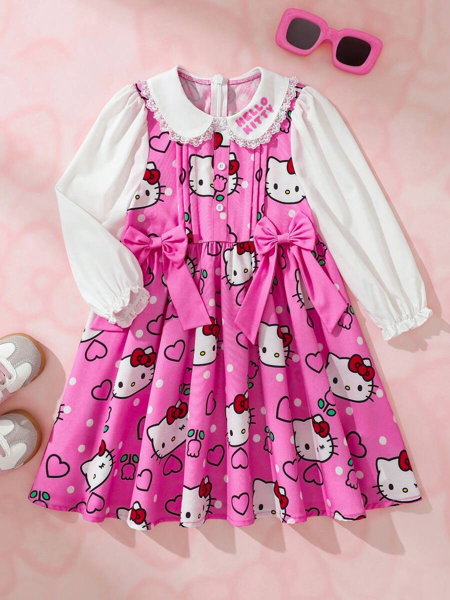 HELLO KITTY AND FRIENDS | SHEIN Gaun Lengan Panjang Kerah Peter Pan Motif Kartun untuk Anak Perempuan - Berwarna merah muda - View 1