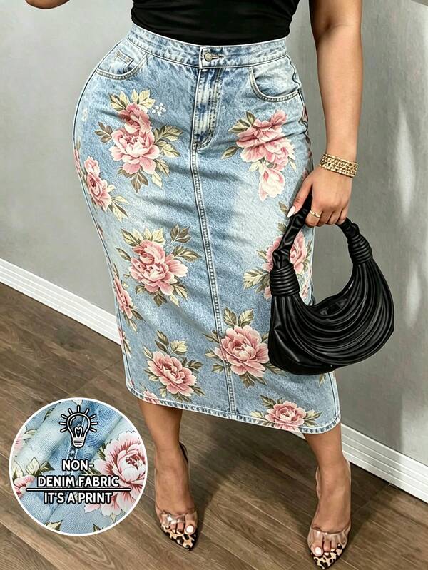 Rovax Women's Plus Size Skirt, Summer New Style, Pattern, Floral Print, Fashion Shopping Street Wear, Blue, Holiday Date Outfit, Photography Street Style, Back Slit Slim Fit Bodycon Skirt, Women's Plus Size Bodycon Skirt