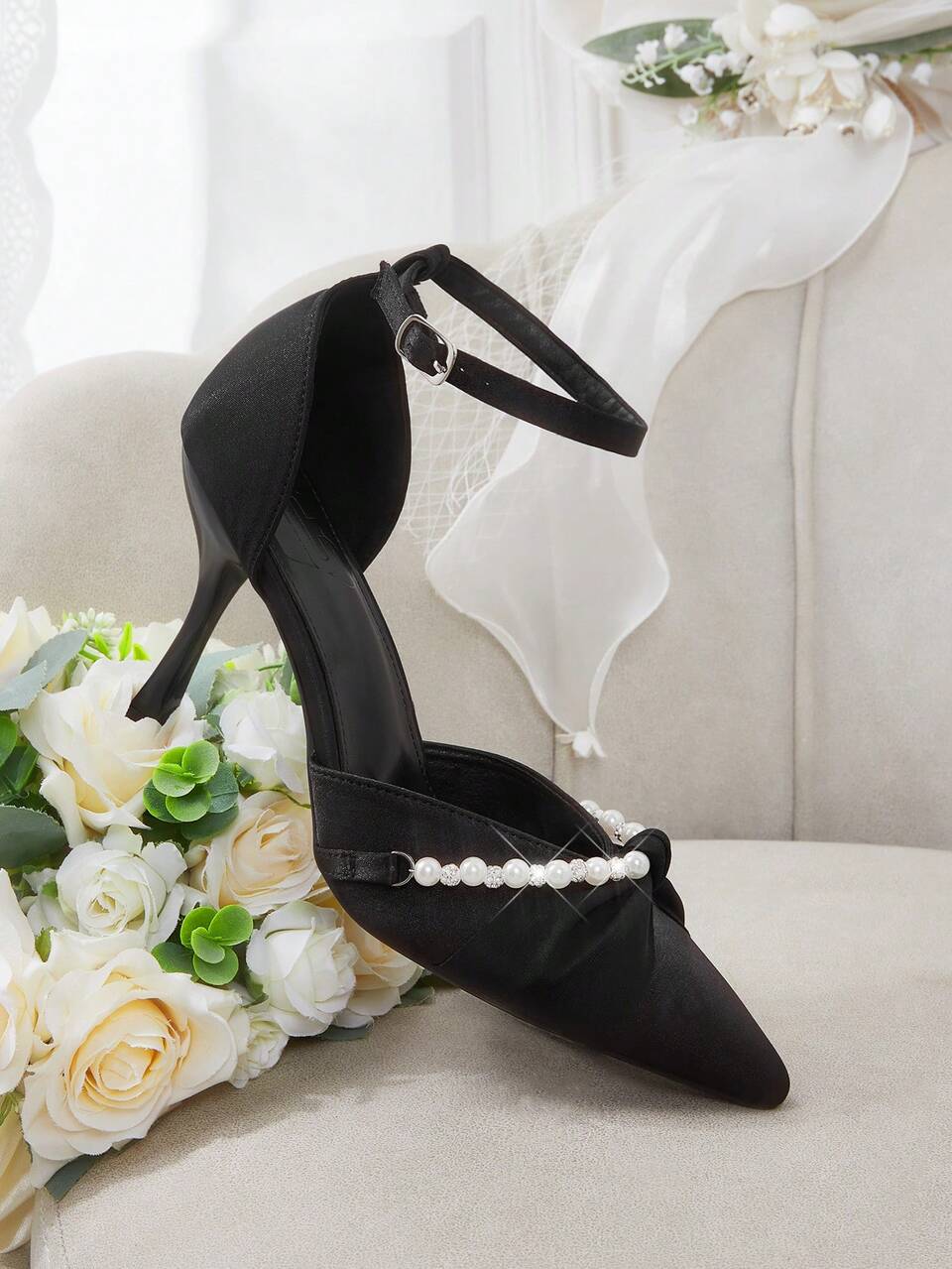 CUCCOO HITCHD Women's Shoes High Heel Pointed Pearl Rhinestone Beaded Elegant Fashion Black Satin Women's High Heel Shoes Dating Afternoon Tea Party Fall Shoes