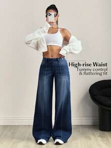 Flexra Plus Size Fashion Mid-Blue Denim Washed Wide Leg Pants - Dark Wash - View 5