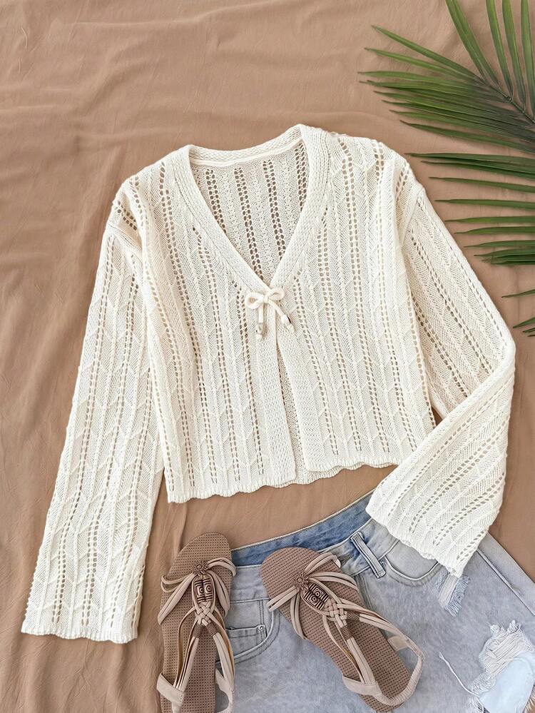 SHEIN Girlism Tween Girl Tween Girls Cardigans, Hollow Knit Open Front Sweater, Suitable For Daily Commute, Casual Outings, Beach Vacations, Gatherings And More, Comfortable Versatile Soft - Apricot - View 8