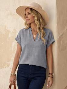 EMERY ROSE Women's Solid Color Notch V Neck Batwing Sleeve Summer Shirt,Short Sleeve Tops - Grey - View 3