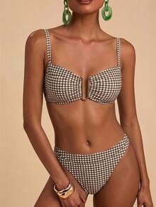 Travachic Plus Size Women's Summer Beach Plaid Pattern Cutout Neckline Bikini Bra And Swim Bottoms 2 Pieces Set Bathing Suits For Women - Brown - View 2