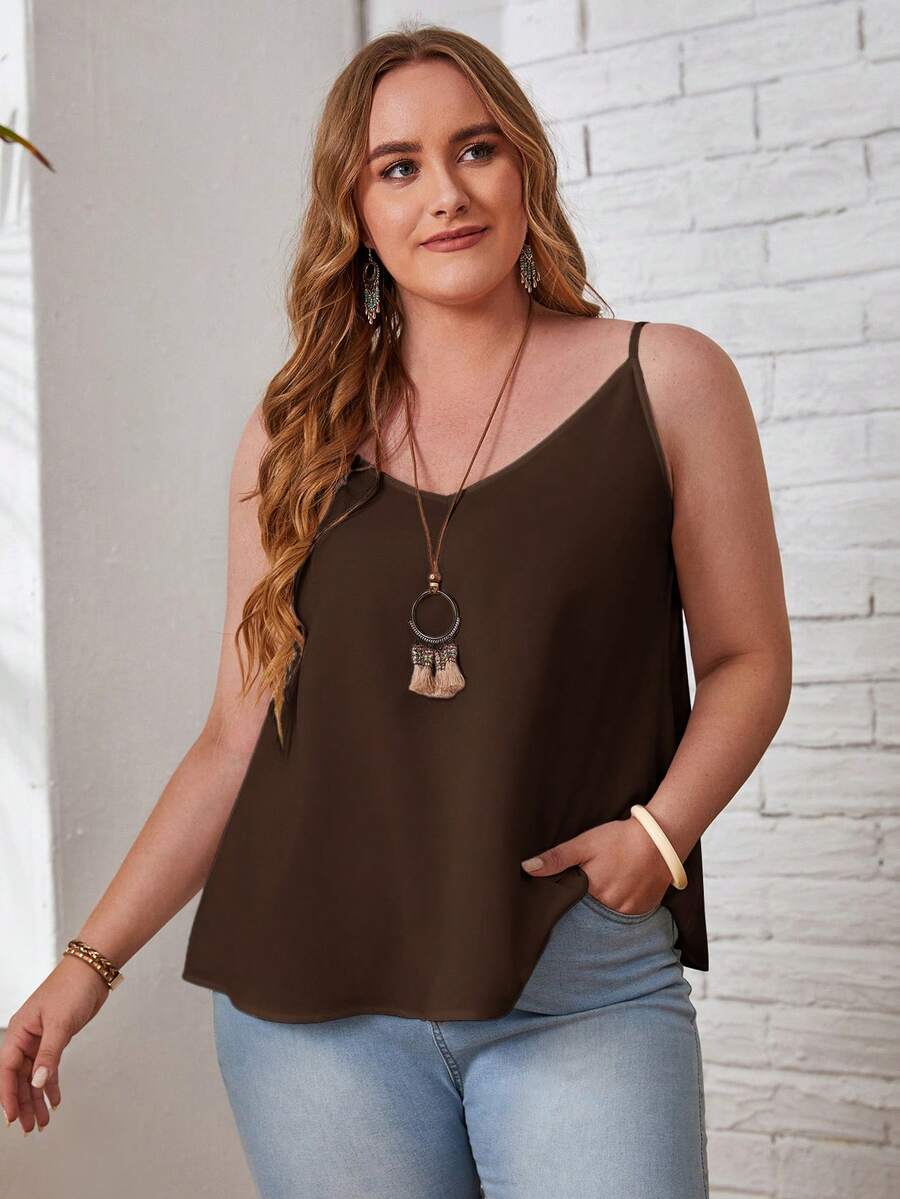 EMERY ROSE Camiseta de tirantes de unicolor versátil y casual de talla grande para uso diario - Marrón - Ver 1