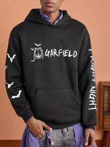 GARFIELD | SHEIN Men's Casual Letter & Cat Print Drop Shoulder Hoodie, Autumn - Black - View 1