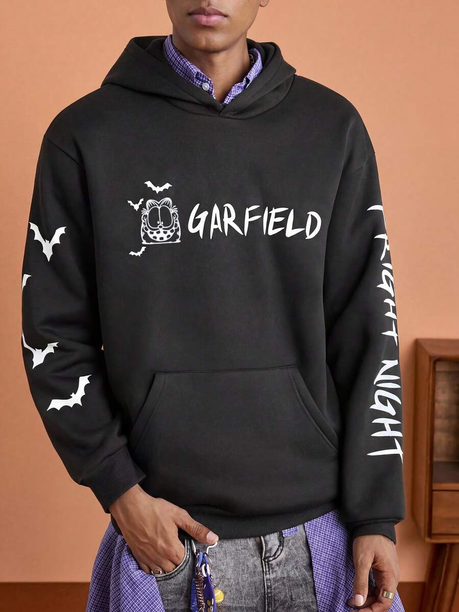 GARFIELD | SHEIN Men's Casual Letter & Cat Print Drop Shoulder Hoodie, Autumn - Black - View 1