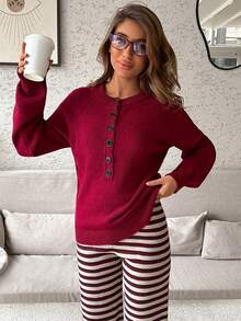 SHEIN Women Sweater With Button Dark Red Brunch Office Autumn Casual French - Burgundy - View 4