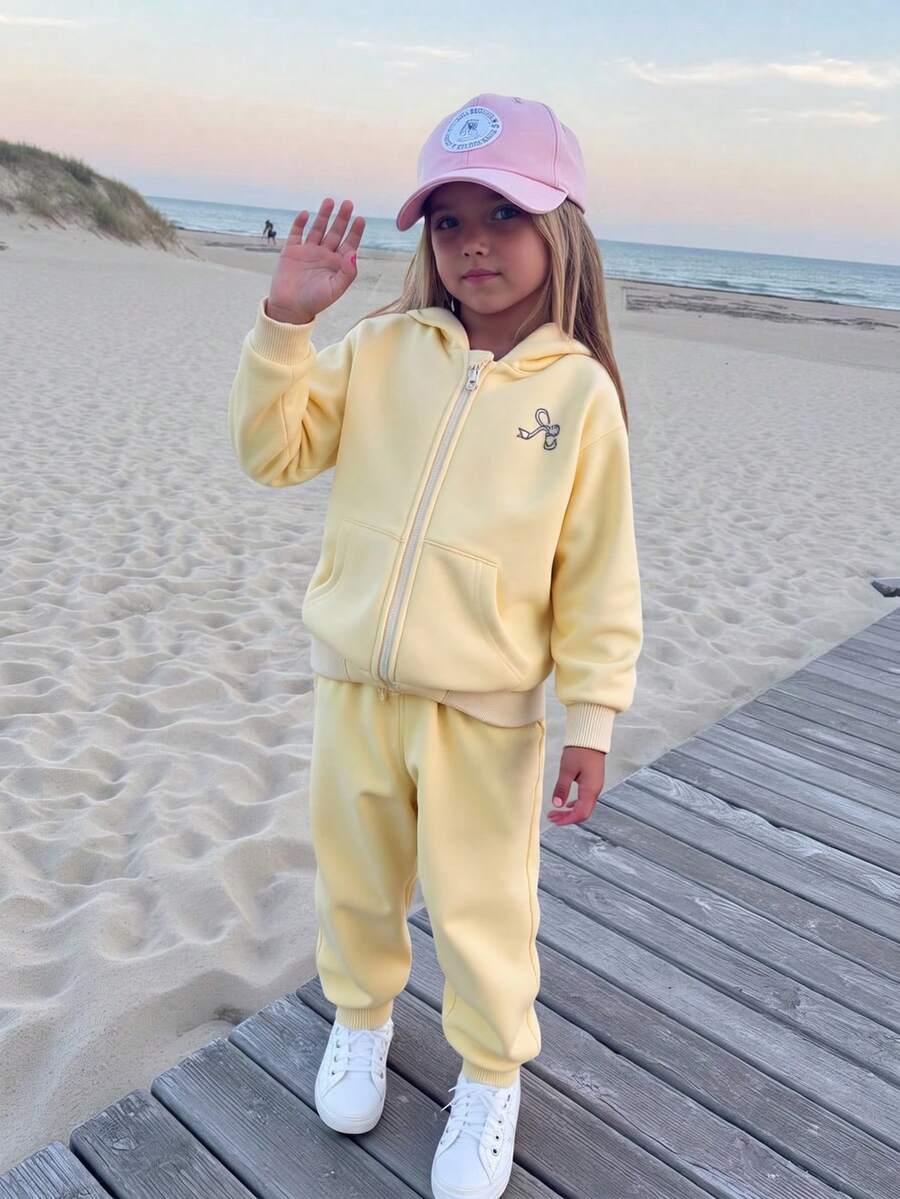 2 件套幼儿女童时尚奶油色蝴蝶结刺绣连帽夹克 + 松紧腰修身九分裤，休闲运动装，春秋季 - 杏色 - 查看 1