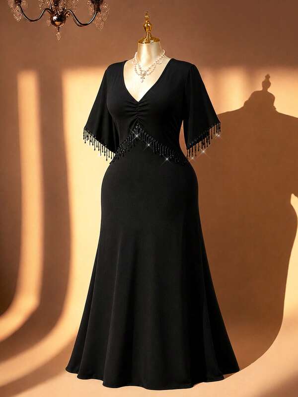Rometta Vestido largo negro de sirena elegante para fiesta, noche y cita, talla grande, con escote en V, manga media, decoración de flecos, cintura ceñida, corte slim favorecedor para mujer