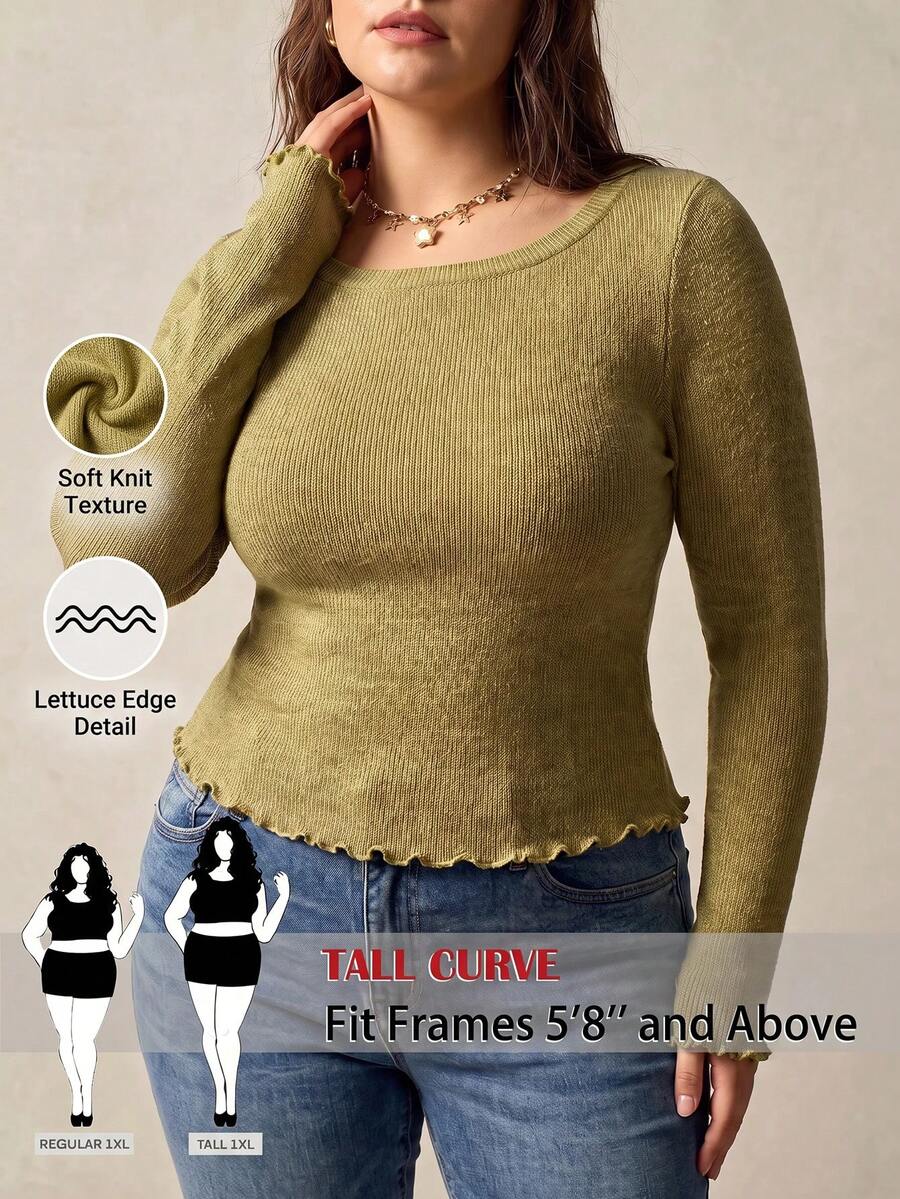 SHEIN Tall CURVE Plus Size Fashion Frill Trim Long Sleeve T-Shirt For Daily Wear - Green - View 1