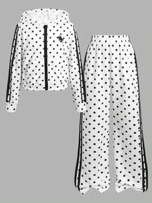青少年女孩休閒日常百搭舒適波點印花連帽衫與長褲套裝 秋冬款 - 黑與白 - 查看 1