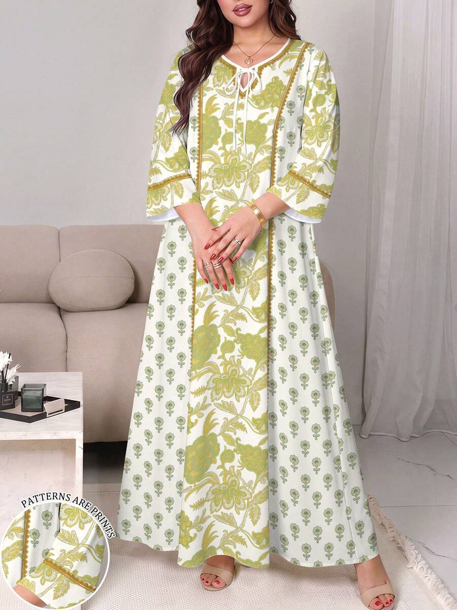 SHEIN Najma 彩色藤蔓圖案數位印花淺杏色大尺碼女裝，女款時尚小V領繫帶設計寬鬆長洋裝，春夏中長袖優雅洋裝 - 彩色 - 查看 1