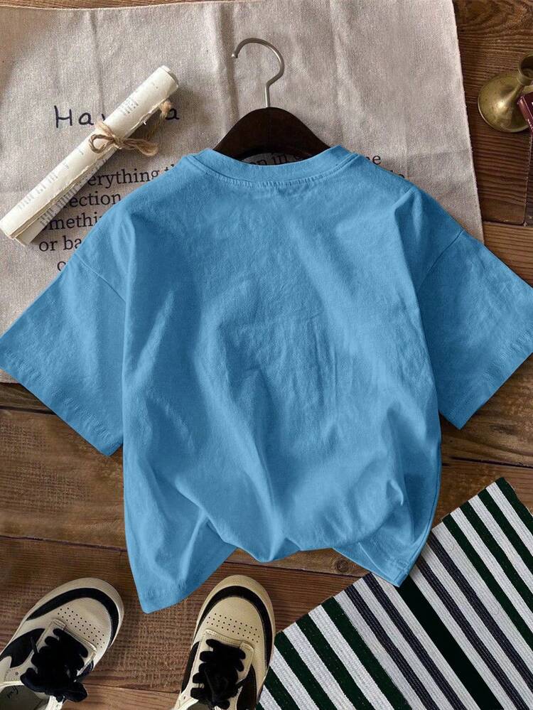 SHEIN 1pc Young Boy Cool Car Pattern Blue Round Neck Short Sleeve T-Shirt Suitable For Summer Outings, Vacations, Sports And School - Dusty Blue - View 2