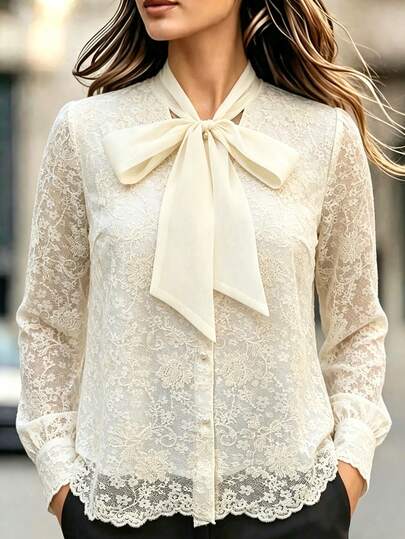 Velvienne New Plus Size Women's French Style Beige Romantic Elegant Lace Embroidered Fabric, Bow Tie Collar Blouse, Heavy Lace Long Sleeve Shirt, Pearl Button Decor, Early Autumn Blouse, Autumn/Winter Base Layer, Commute, Office, Business, Outing, Afternoon Tea, Date, Party Top, Suitable For Spring/Autumn/Winter