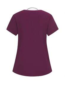 TaskEZ Solid Color Patchwork V-Neck Short Sleeve Top And Pants Scrub Uniform Set - Red Violet - View 4