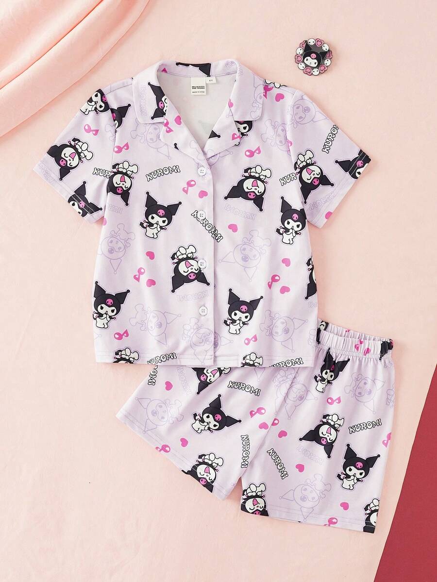 HELLO KITTY AND FRIENDS | SHEIN 女童卡通印花短袖上衣與短褲家居服 - 彩色 - 查看 1