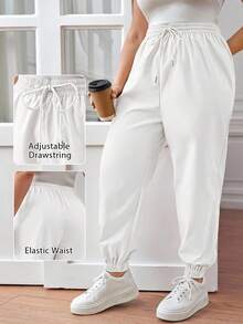 SHEIN PETITE CURVE Pantalón de talla grande con cintura de cordón, pantalón tipo jogger, de corte holgado - Blanco - Ver 4