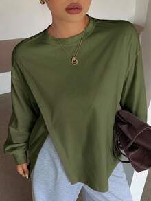 Dazy Plus White Round Neck Solid Color Casual Versatile Side Slit Design Long Sleeve T-Shirt For Spring Summer Plus Size Autumn Oversized T Shirts For Women - Army Green - View 2
