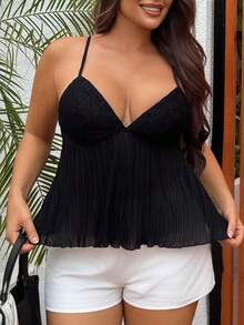 Dazy Plus Lace Patchwork Ruched Textured Fabric Fitted Camisole Vacation Style Casual Plus Size Women Spring Summer Black Tank Top - Black - View 7