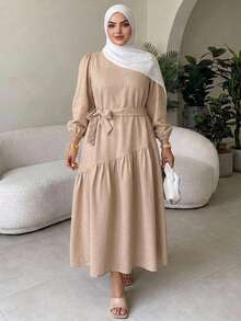 Dazy Plus Khaki Round Neck Loose Long Sleeve Tie-Front Elegant Commuter Mid-Length Dress, Spring/Autumn New Style - Khaki - View 5