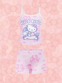 HELLO KITTY AND FRIENDS | SHEIN Young Girl Letter Cartoon Print Contrast Trim Camisole & 4-Corner Panty Set - Pink - View 3