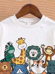 嬰兒幼兒圓領休閒套頭運動衫，經典帥氣可愛手繪卡通動物聚會圖案印花，猴子、斑馬、河馬、獅子、老虎、長頸鹿、犀牛手繪卡通圖像印花，適合秋冬穿著 - 彩色 - 查看 4