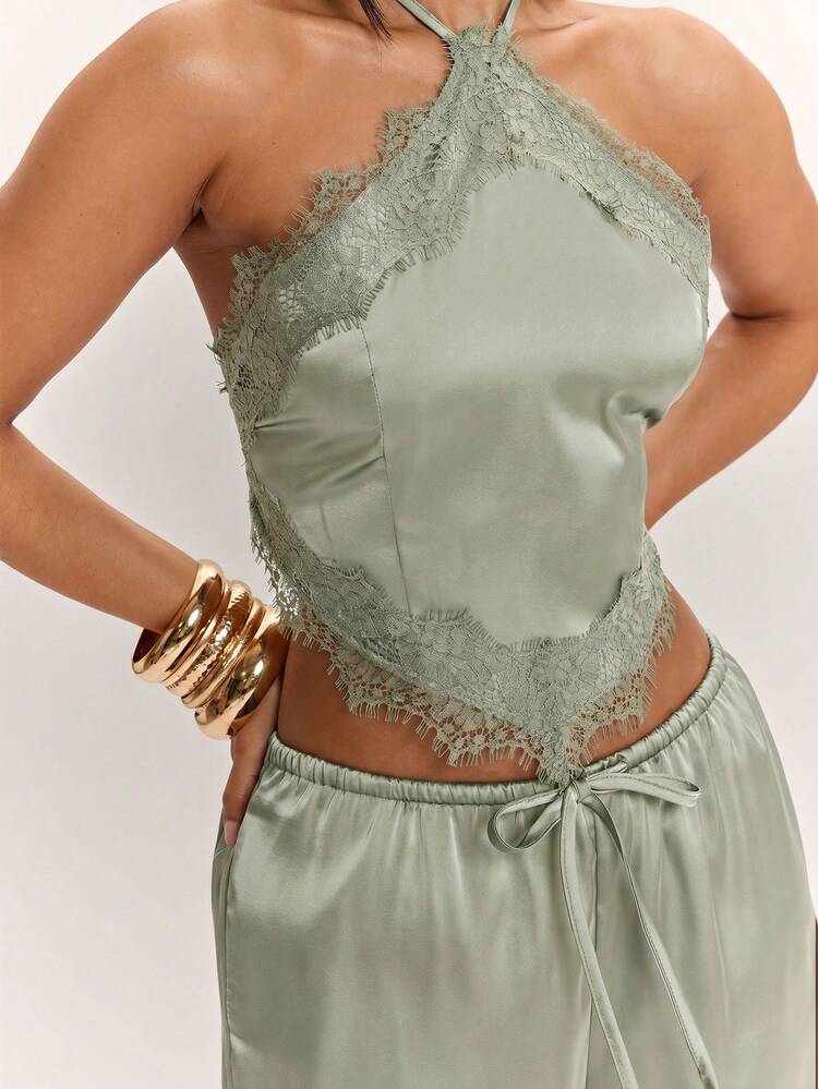 SHEIN BAE Summer Elegant Lace Patchwork Backless Halter Top & Long Pants Set - Mint Green - View 6