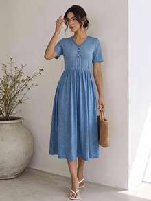 EMERY ROSE Women's V-Neck Blue And White Stripe Pleated Casual French Daily Mid-Length Dress Vacation Summer Birthday Dresses - Blue - View 1