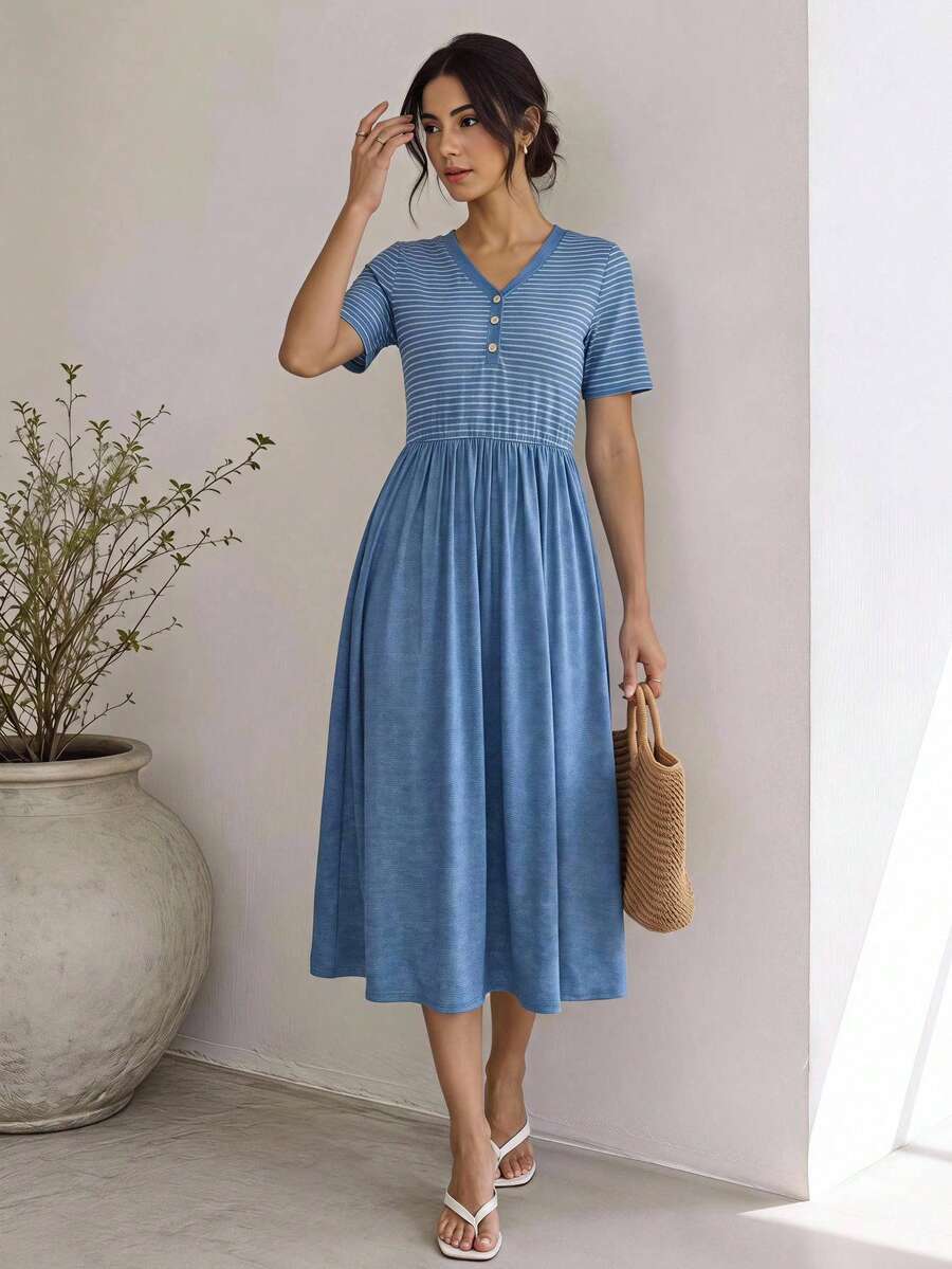 EMERY ROSE Women's V-Neck Blue And White Stripe Pleated Casual French Daily Mid-Length Dress Vacation Summer Birthday Dresses - Blue - View 1
