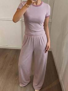 DAZY 2件組女款條紋修身短袖T恤與直筒長款睡褲居家服套裝 - 紫色 - 查看 3