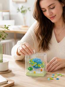 Zazumi 1pc Floral Wreath Micro Brick Building Set With Dust Cover, 3D Flower Wreath Puzzle Kit With Cloud & Rainbow Accents, Ideal For Home Desk, Shelf Decor, Relaxing Activity, - Multicolor - View 3