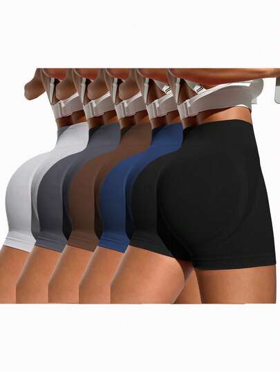 SHEIN 5pcs/Set Women's Sports Shorts, Knitted Seamless Comfortable Elastic Yoga Running Cycling Fitness Outdoor Casual Wear, High Waist, Suitable For Spring Summer Autumn Winter, New Hot-Selling