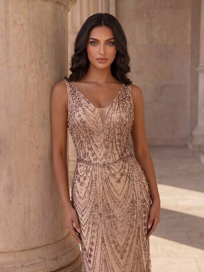Coutiva Elegant Sequined Embroidered Deep V-Neck Backless Mermaid Skirt Formal Evening Gown, Suitable For Wedding Guests, Parties, Mother-In-Law's Wedding, Graduation Ceremony.