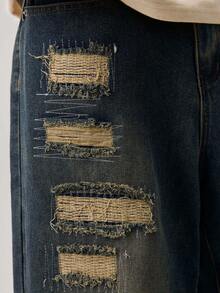 Jeans de mezclilla holgados con estampado de camuflaje y desgastados para hombre - Azul - Ver 8