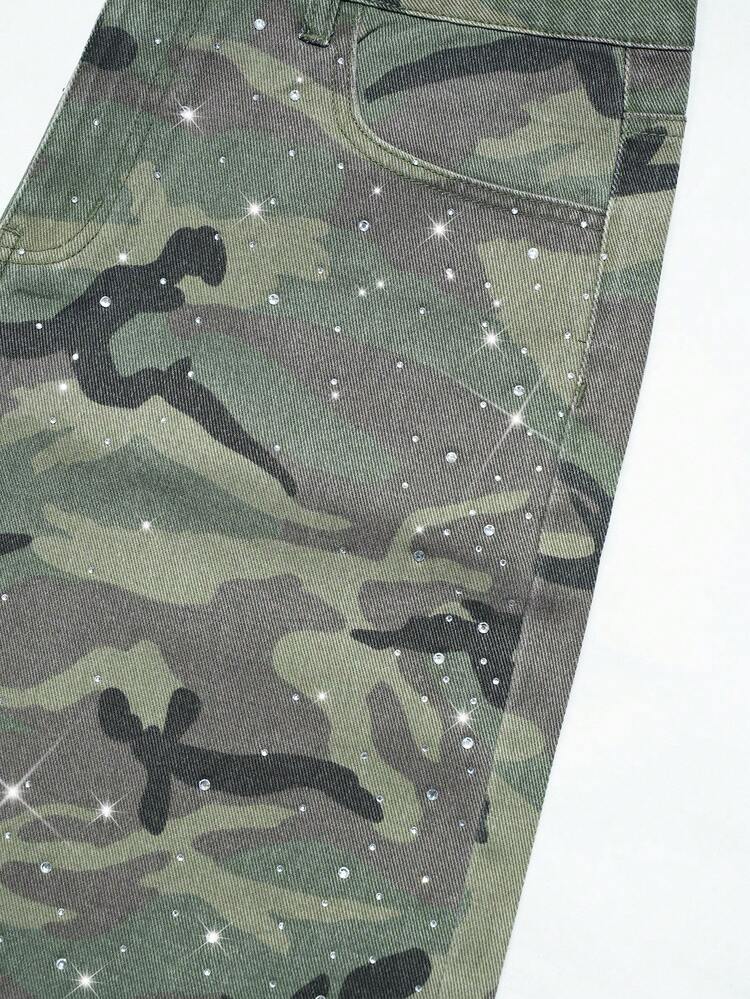 Manfinity Roughcore Men's Street Life Diamond Camouflage Print Loose Denim Shorts, Holiday - Army Green - View 4