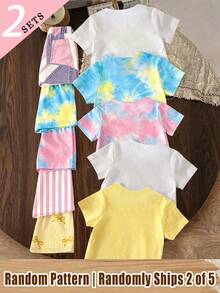 (Random 6 Sets, Send 2 Set)Summer Young Girl Creative Personalized Tie Dyeing Flower Shining Bow Pattern Printed Basic Short T+Shorts Set - Multicolor - View 2