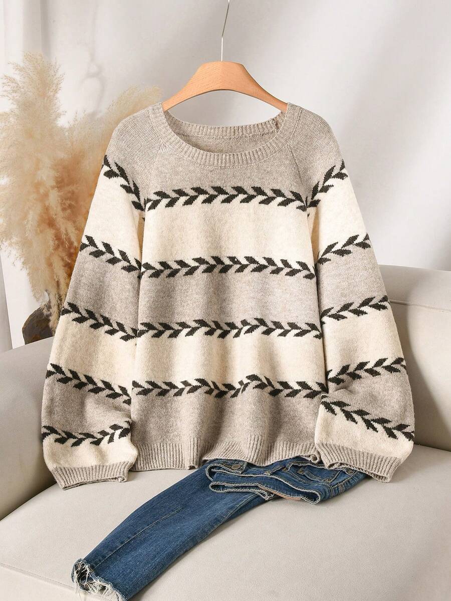 CosyJoli Plus Size Women's Striped Crew Neck Raglan Long Sleeve Loose Pullover Sweater - Multicolor - View 1
