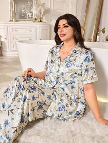 MuseNap CURVE Floral Faux Silk Open Front Lapel Short Sleeve Long Pants Plus Size Pajama Set Night Lounge Light Purple Summer Elegant - Multicolor - View 4