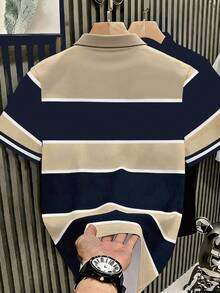 Resyla Men's Plus Size Summer Casual Business Polo Shirt, Contrast Striped Horse Print Pattern, Comfortable Fabric, Versatile Everyday Wear - Multicolor - View 3