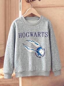 PrepCrw HARRY POTTER X SHEIN 小男孩圓領字母圖案休閒日常長袖運動衫 - 灰色 - 查看 7