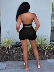 Alexandranx Women's Fashion Vacation Halter Top & Shorts 2 Pieces Set No Chest Padding Black - Black - View 2