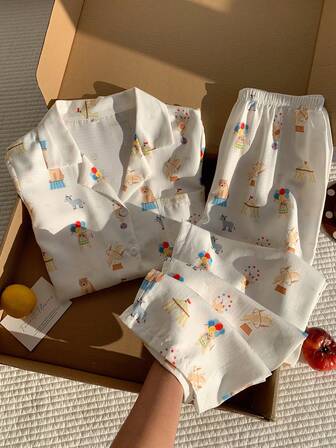 Comfortcana 秋冬新款可爱马戏团印花短袖睡衣套装