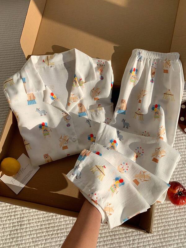 Comfortcana Autumn/Winter New Cute Circus Print Short Sleeve Pajama Set