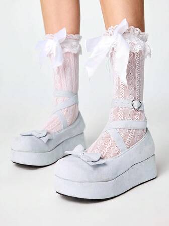 Kawaii Zapatos de plataforma para mujer rosa y azul estilo Mary Jane con hebilla, cordones con diseño cruzado y lazo decorativo, zapatos de vestir