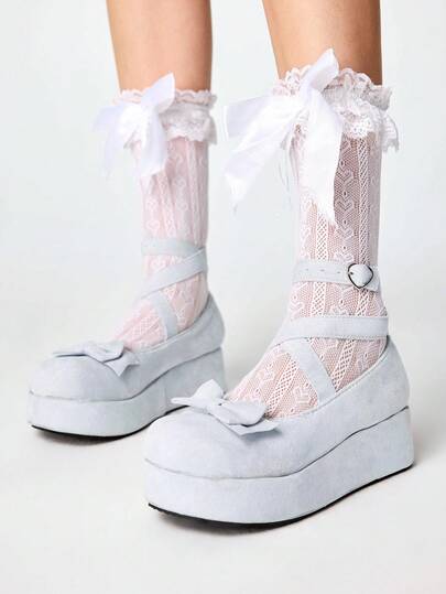 Kawaii Zapatos de plataforma para mujer rosa y azul estilo Mary Jane con hebilla, cordones con diseño cruzado y lazo decorativo, zapatos de vestir