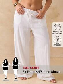 SHEIN Tall CURVE 大尺碼女款純色腰部綁帶寬腿休閒長褲 - 白色 - 查看 1